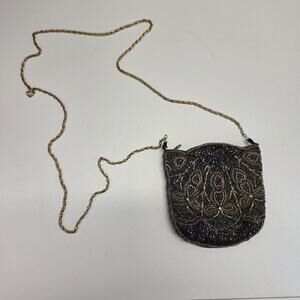 Vintage 1980s Multicolor Beaded Evening Clutch Purse Chain Cocktail Bag
